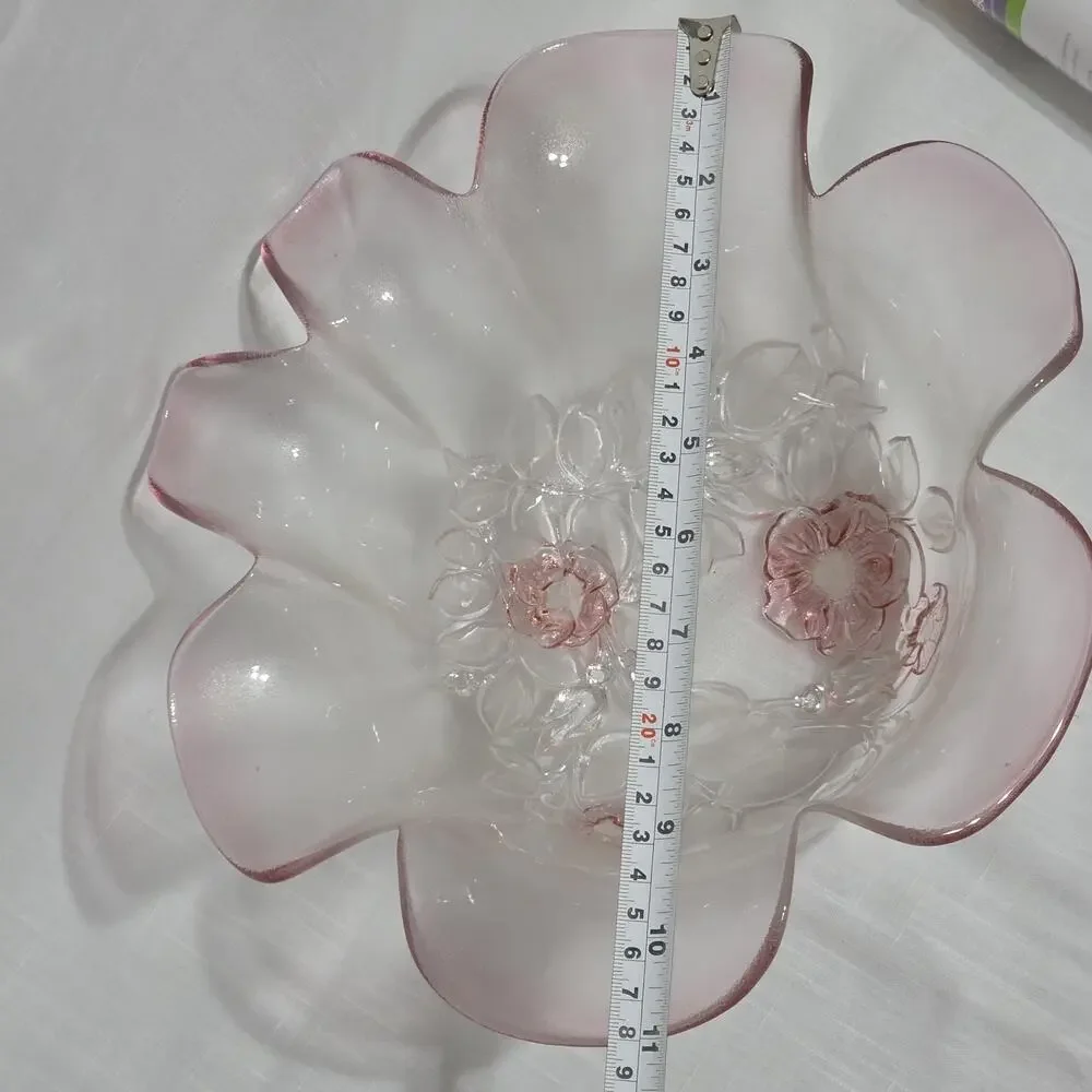 Mikasa Pink Frosted Art Glass Floral Ruffled Bowl 10